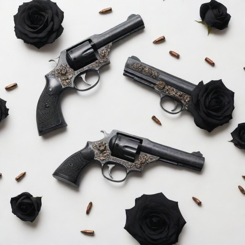 Two vintage pistols crossed, garnished with black roses and scattered bullets around, all on a white background.