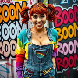 A stunning women with auburn hair styled in playful pigtails, wearing a colorful rainbow half sweater and a trendy bellytop that reveals her midriff