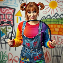 A stunning female with auburn hair styled in playful pigtails, wearing a rainbow-colored half sweater that shows off her midriff and a pair of denim overalls adorned with vibrant graffiti