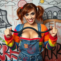 A stunning female with auburn hair styled in playful pigtails, wearing a rainbow-colored half sweater that shows off her midriff and a pair of denim overalls adorned with vibrant graffiti