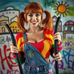 A stunning female with auburn hair styled in playful pigtails, wearing a rainbow-colored half sweater that shows off her midriff and a pair of denim overalls adorned with vibrant graffiti