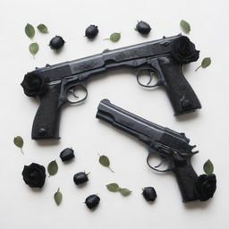 Two vintage pistols crossed, garnished with black roses and scattered bullets around, all on a white background.