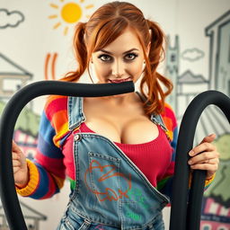 A close-up shot of a gorgeous female with auburn hair styled in pigtails