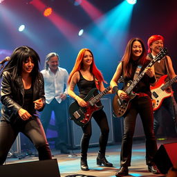 A vibrant rock band performing on stage, with dynamic energy and colorful stage lights