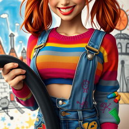 A close-up torso shot of a stunning female character with auburn hair styled in playful pigtails