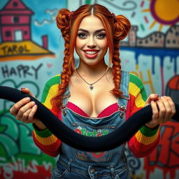 A close-up shot of a gorgeous female with auburn hair styled in pigtails, wearing a colorful rainbow half sweater and a belly top that showcases her midriff