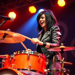 A dynamic female drummer with medium-length black mullet hair, passionately playing the drums on stage