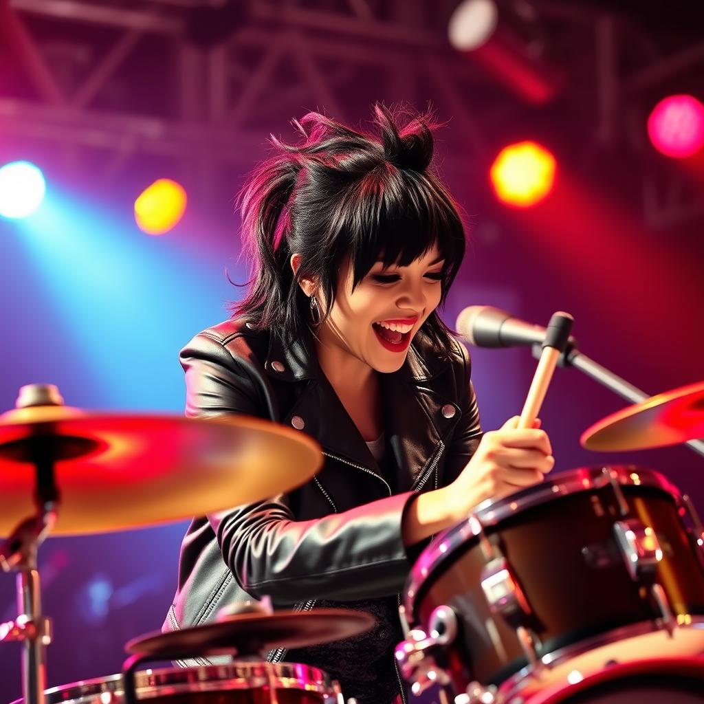 A dynamic female drummer with medium-length black mullet hair, passionately playing the drums on stage