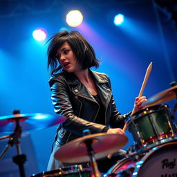 A dynamic female drummer with medium-length black mullet hair, passionately playing the drums on stage