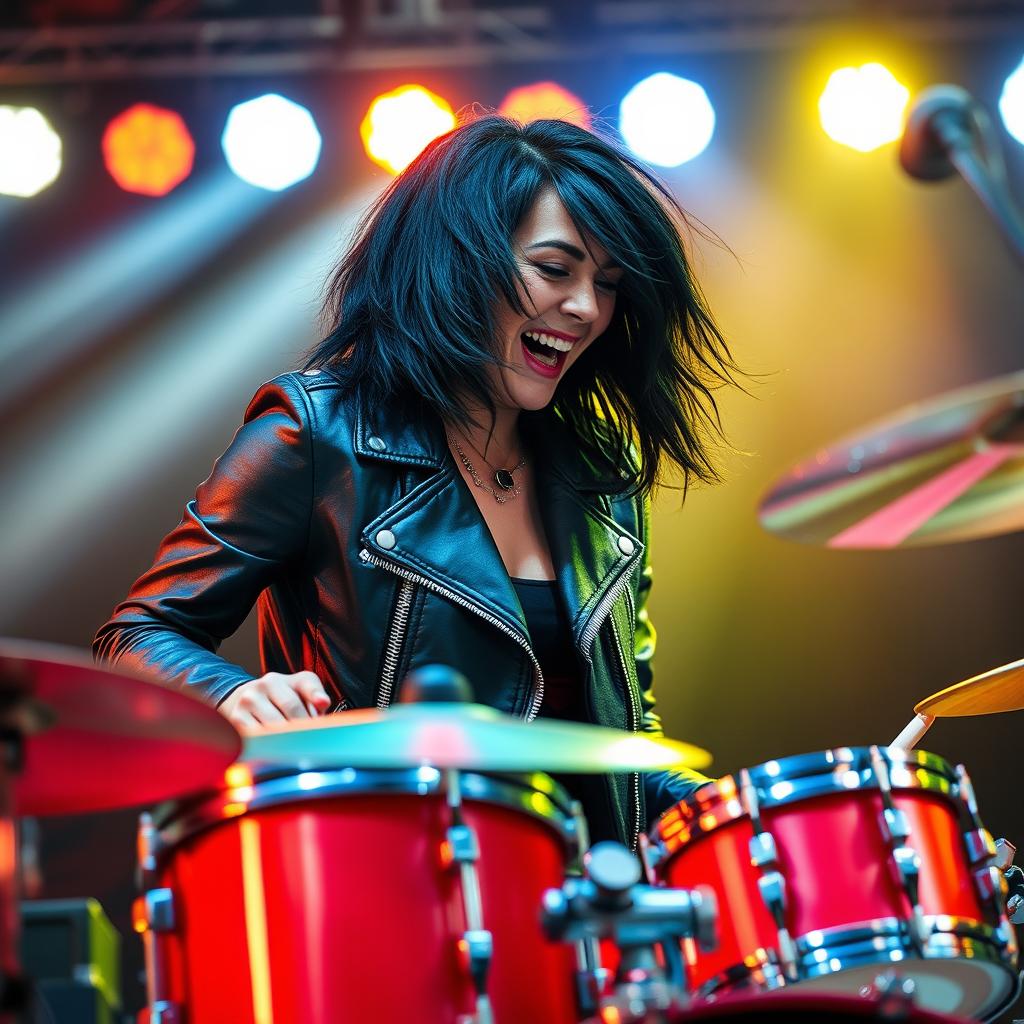 A dynamic female drummer with medium-length black mullet hair, passionately playing the drums on stage