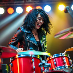 A dynamic female drummer with medium-length black mullet hair, passionately playing the drums on stage