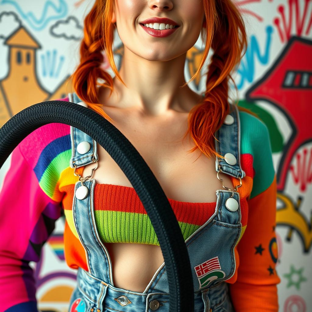 A close-up shot featuring a gorgeous female with auburn hair styled in playful pigtails