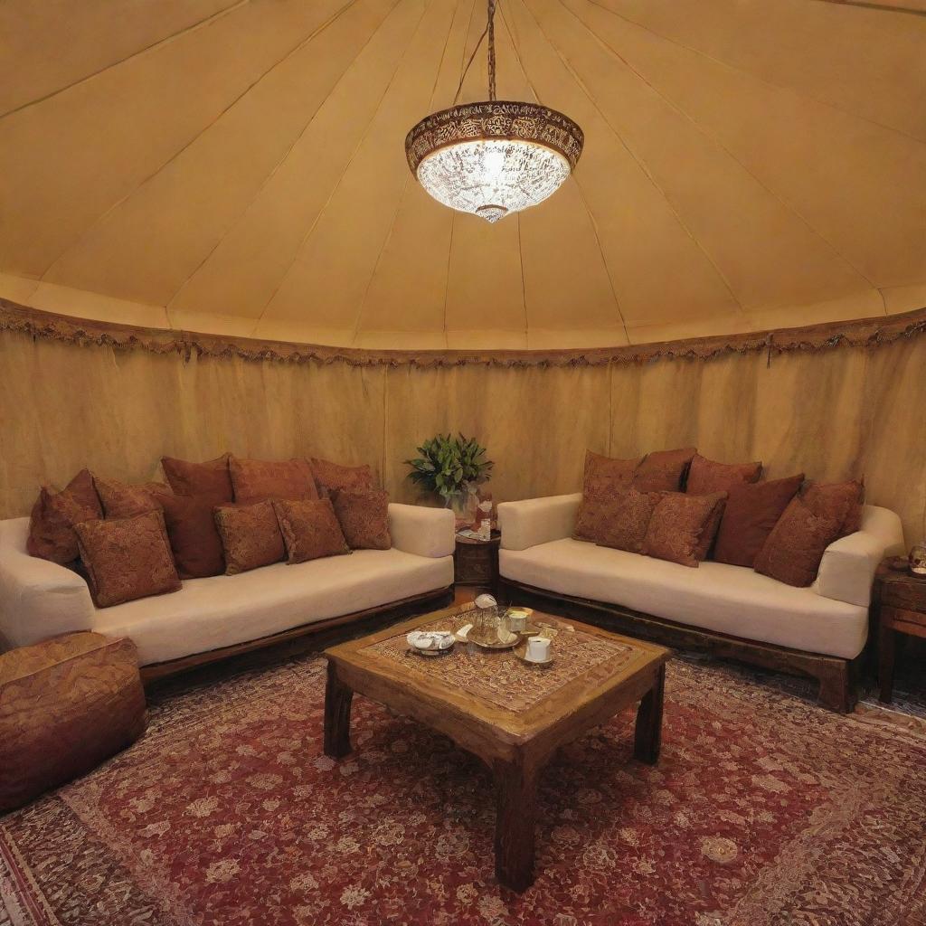 Hospitality in Saudi culture is paramount, embodied in the Arab tent tradition. Inside, guests are met with an outpouring of generosity - aromatic coffee and dates are served, comfortable seating arranged with plush cushions, creating an environment of warmth, making every guest feel like family.