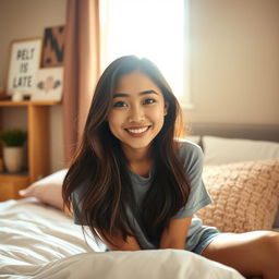 A closeup portrait of a beautiful Asian woman in her cozy bedroom, wearing a casual outfit that includes a stylish t-shirt and comfy shorts