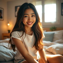 A closeup portrait of a beautiful Asian woman in her cozy bedroom, wearing a casual outfit that includes a stylish t-shirt and comfy shorts