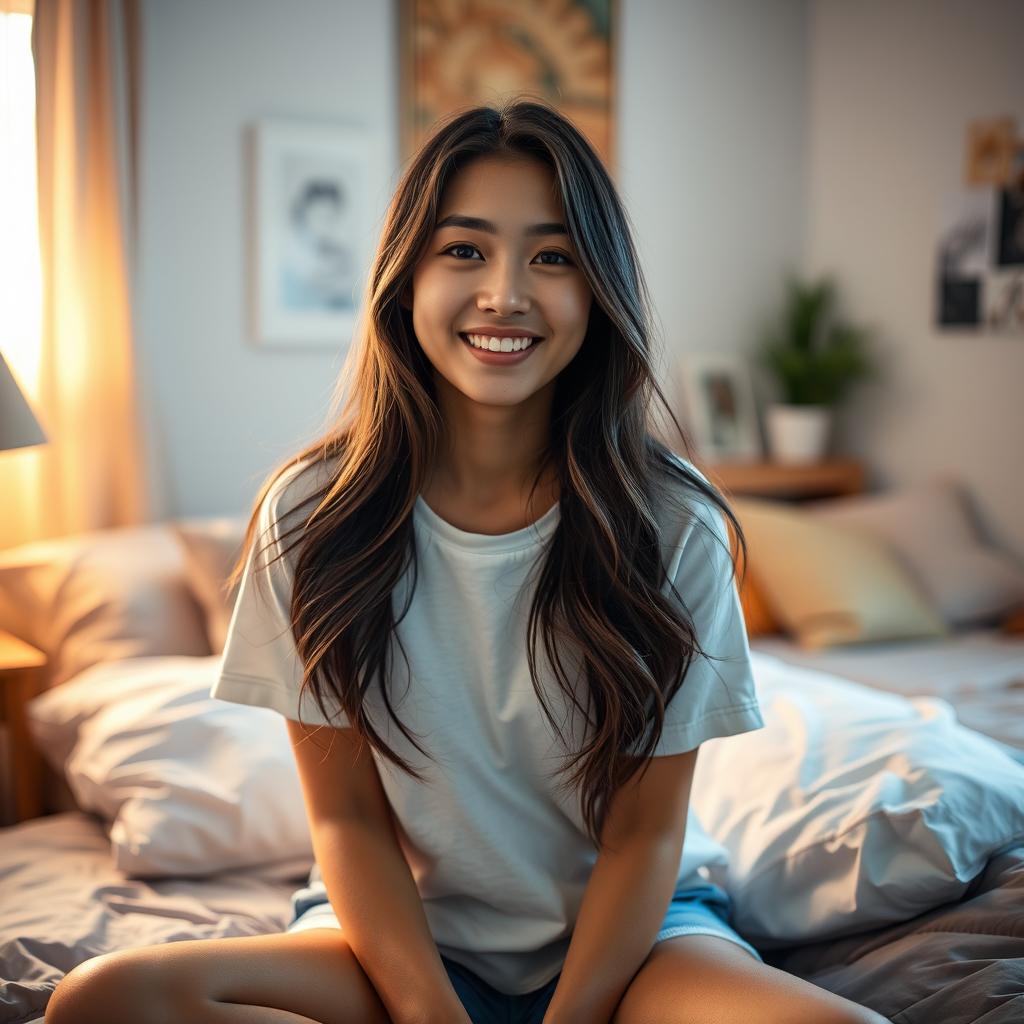 A closeup portrait of a beautiful Asian woman in her cozy bedroom, wearing a casual outfit that includes a stylish t-shirt and comfy shorts