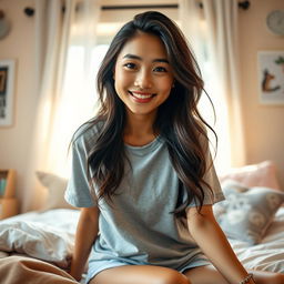 A closeup portrait of a beautiful Asian woman in her cozy bedroom, wearing a casual outfit that includes a stylish t-shirt and comfy shorts