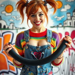 A close-up shot focusing on a gorgeous female with auburn hair styled in playful pigtails