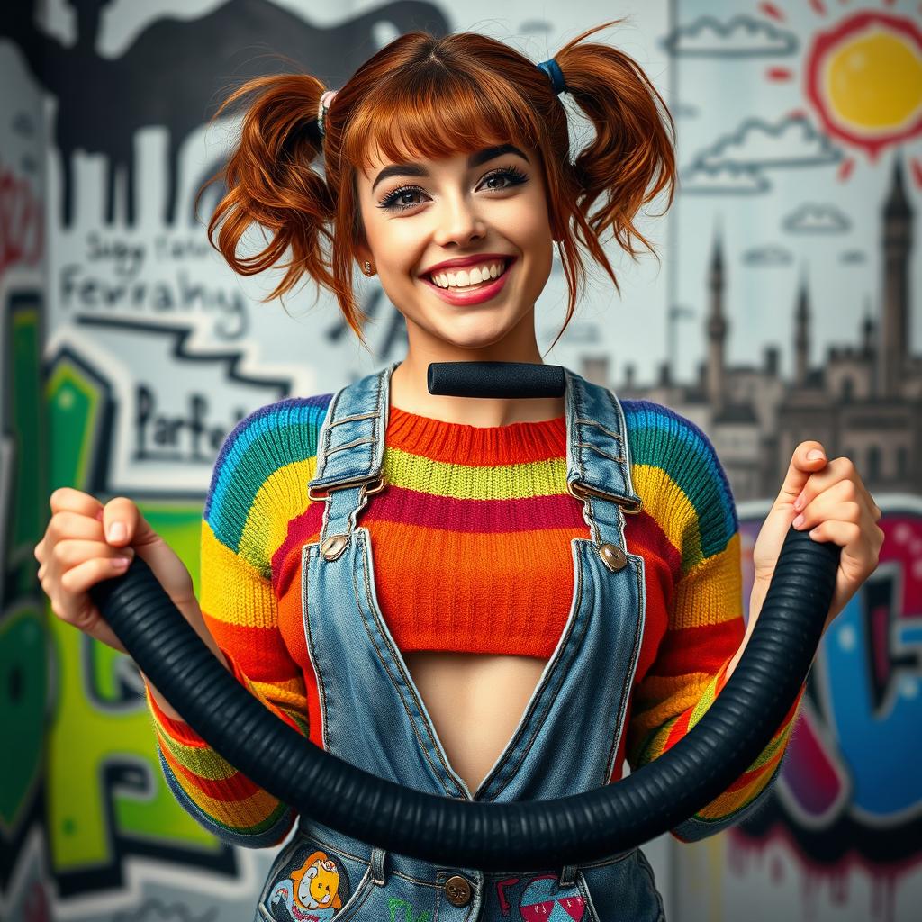 A close-up shot focusing on a gorgeous female with auburn hair styled in playful pigtails