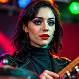 A vibrant young woman in her twenties with medium-length black mullet hair, fair skin, and round gray-blue eyes adorned with long eyelashes