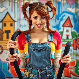 A close-up shot of a gorgeous female with auburn hair styled in playful pigtails