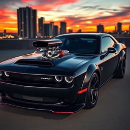 A stunning Dodge Demon car featuring a prominent turbocharger, parked in a dramatic setting