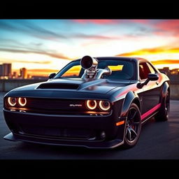 A stunning Dodge Demon car featuring a prominent turbocharger, parked in a dramatic setting