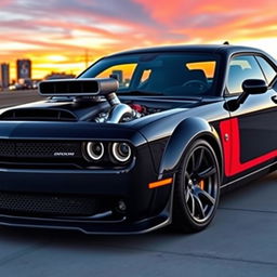 A stunning Dodge Demon car featuring a prominent turbocharger, parked in a dramatic setting