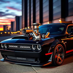 A stunning Dodge Demon car featuring a prominent turbocharger, parked in a dramatic setting