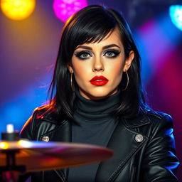 A striking young woman in her twenties with medium-length black mullet hair, fair skin, and mesmerizing round gray-blue eyes accented by long eyelashes