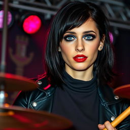 A striking young woman in her twenties with medium-length black mullet hair, fair skin, and mesmerizing round gray-blue eyes accented by long eyelashes