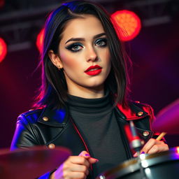 A striking young woman in her twenties with medium-length black mullet hair, fair skin, and mesmerizing round gray-blue eyes accented by long eyelashes