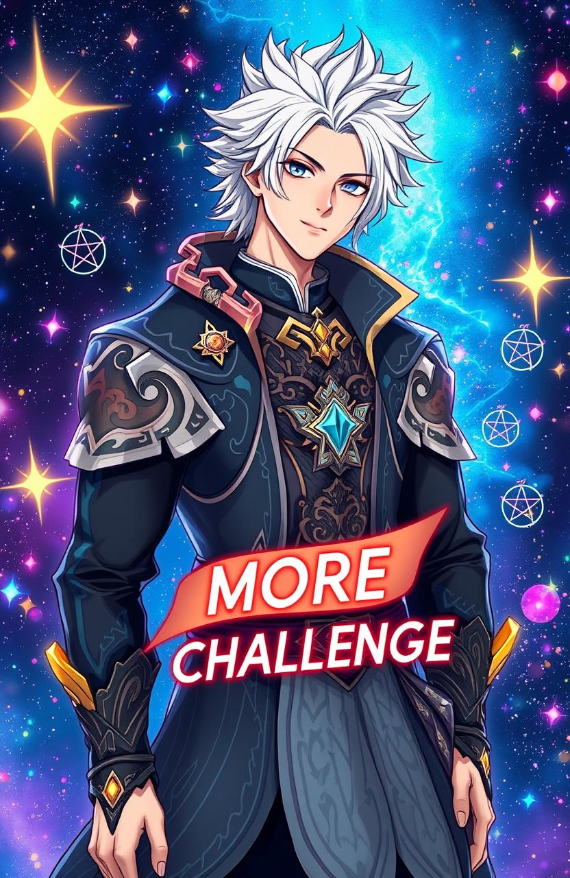 A handsome man with striking white hair, dressed in elaborate fantasy clothing, stands against a cosmic background filled with vibrant stars and galaxies