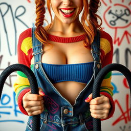 A close-up torso shot of a gorgeous female with auburn hair styled in playful pigtails