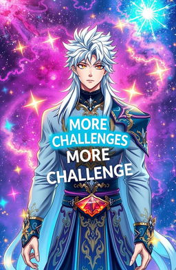 A handsome man with striking white hair, dressed in elaborate fantasy clothing, stands against a cosmic background filled with vibrant stars and galaxies