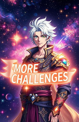 A handsome man with striking white hair, dressed in elaborate fantasy clothing, stands against a cosmic background filled with vibrant stars and galaxies