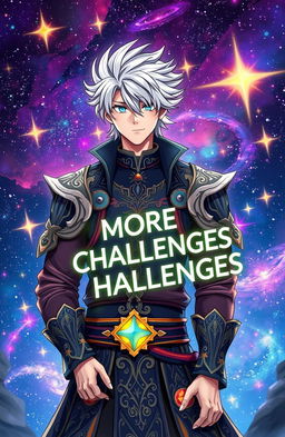 A handsome man with striking white hair, dressed in elaborate fantasy clothing, stands against a cosmic background filled with vibrant stars and galaxies