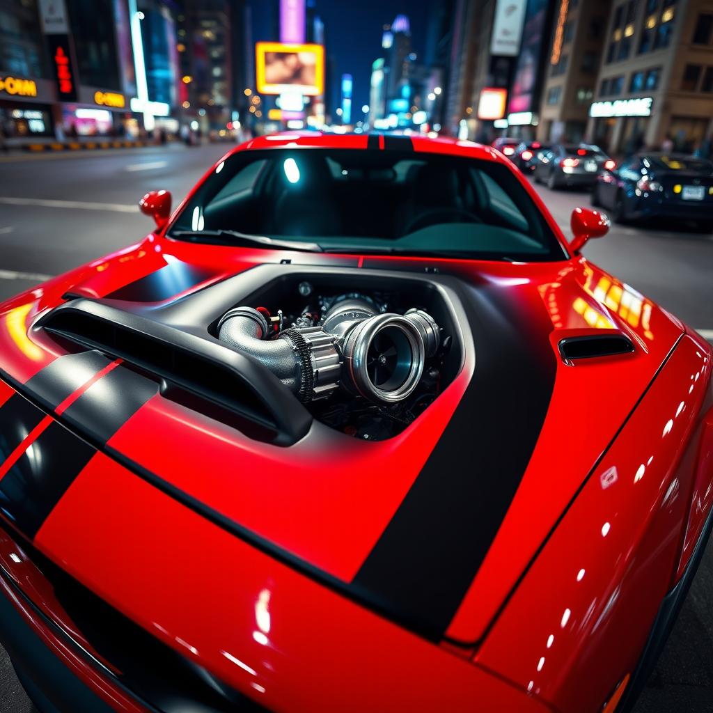 A striking 2020 Dodge Demon featuring a powerful turbocharger, showcased in a captivating setting