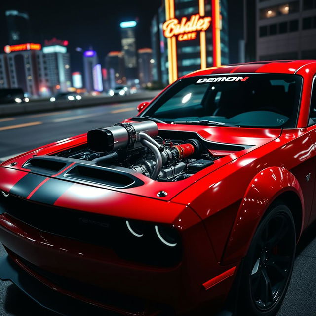 A striking 2020 Dodge Demon featuring a powerful turbocharger, showcased in a captivating setting