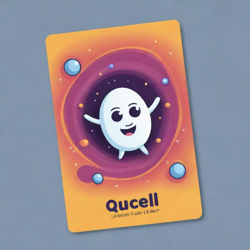 Design a cute, cartoon-style 'Quantum Leap' card, an 'upcell' type. Visualize a charismatic cell leaping across dimensions, demonstrating its ability to rearrange cards. The card should reflect excitement and mastery over quantum mechanics.