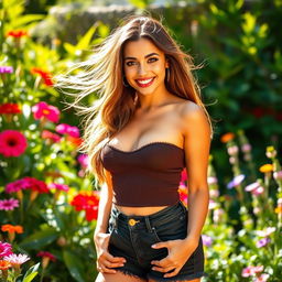 A beautiful sexy Latina woman in her vibrant garden, dressed in a stylish and sexy casual outfit that accentuates her figure