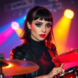 A vibrant young woman in her twenties, sporting a medium-length black mullet hairstyle and fair skin