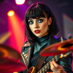 A vibrant young woman in her twenties, sporting a medium-length black mullet hairstyle and fair skin