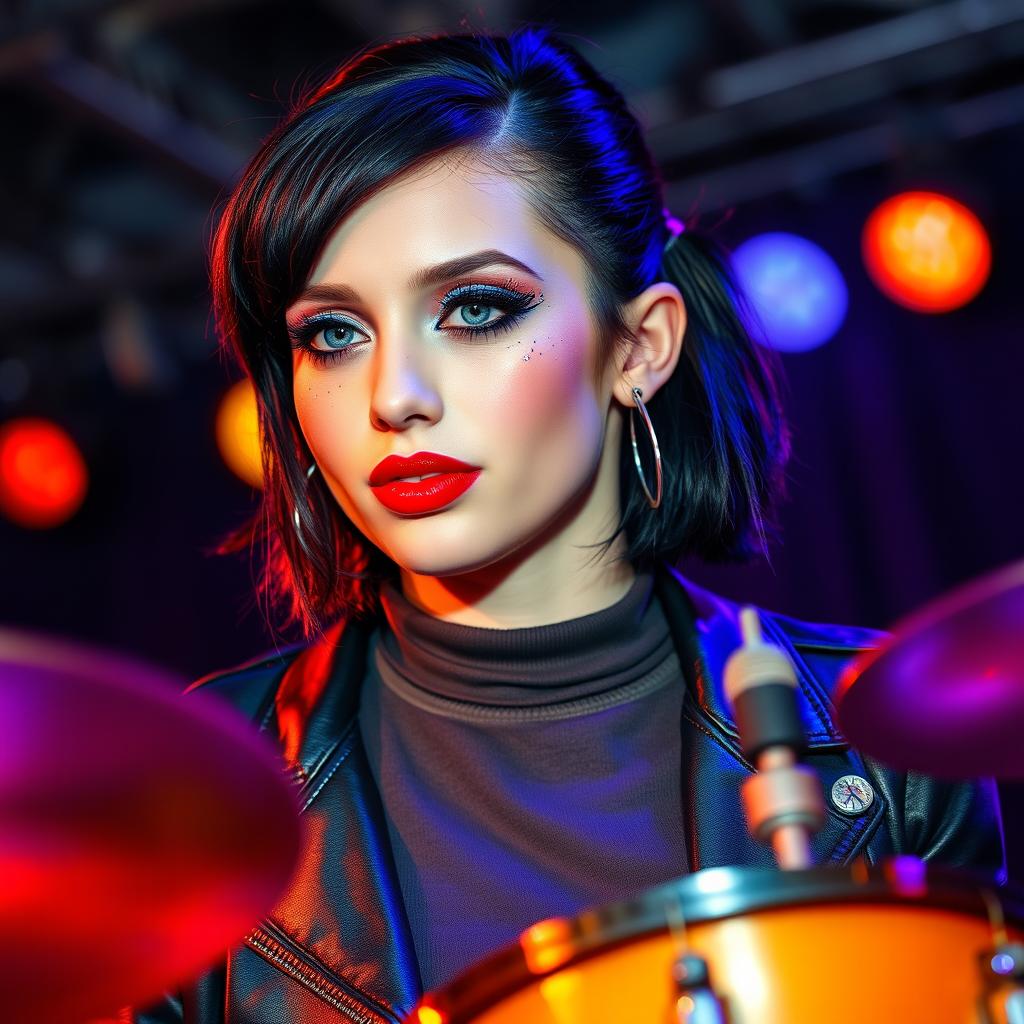 A vibrant young woman in her twenties, sporting a medium-length black mullet hairstyle and fair skin