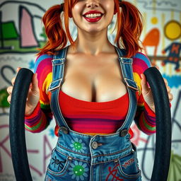 A close-up view of a gorgeous female torso shot, featuring a striking woman with vibrant auburn hair styled in playful pigtails