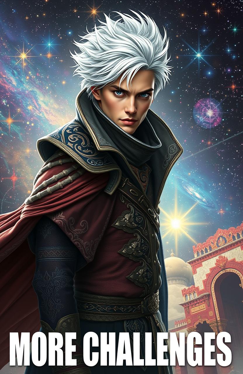 A handsome man with striking white hair, dressed in intricate fantasy clothing, standing against a cosmic background filled with stars and galaxies