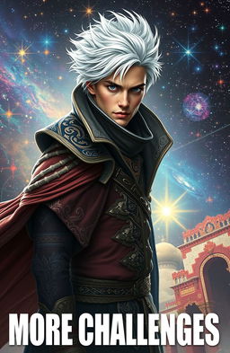 A handsome man with striking white hair, dressed in intricate fantasy clothing, standing against a cosmic background filled with stars and galaxies