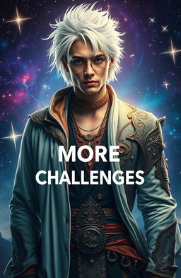 A handsome man with striking white hair, dressed in intricate fantasy clothing, standing against a cosmic background filled with stars and galaxies