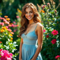 A stunning sexy girl in her lush garden, wearing a sexy casual dress that beautifully showcases her figure