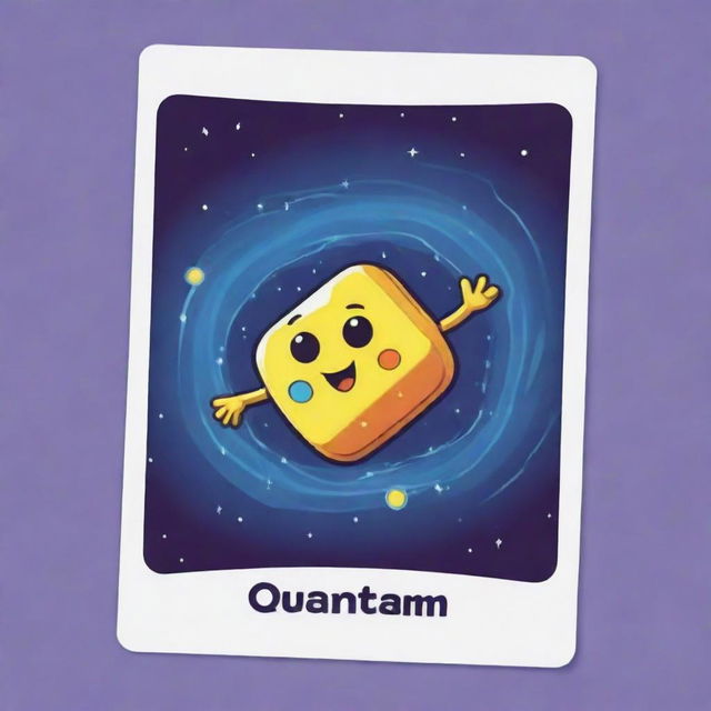 Design a cute, cartoon-style 'Quantum Leap' card, an 'upcell' type. Visualize a charismatic cell leaping across dimensions, demonstrating its ability to rearrange cards. The card should reflect excitement and mastery over quantum mechanics.